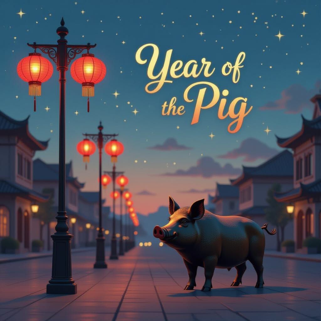 Golden Poles with Red Lanterns and Boar Statue