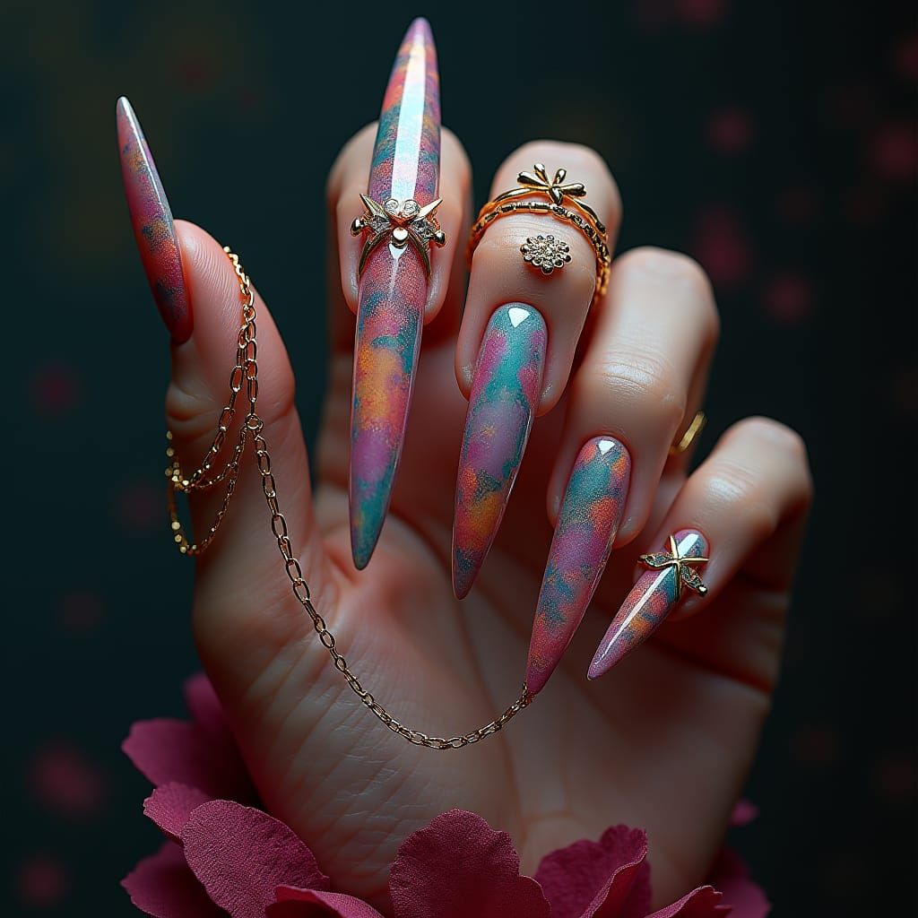 Fantasy Nails with Gold Chains and Graffiti Art
