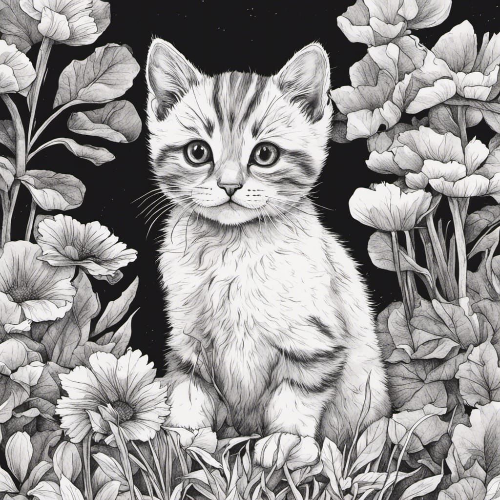 Cute Kitten in Garden: Black and White Ink Drawing