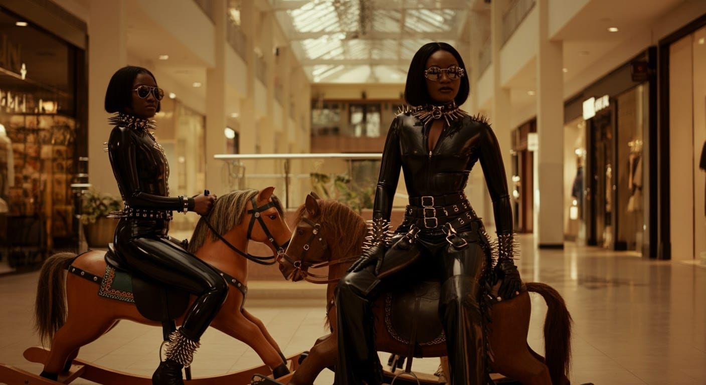 Glamorous Women on Rocking Horses in a Cinematic Setting
