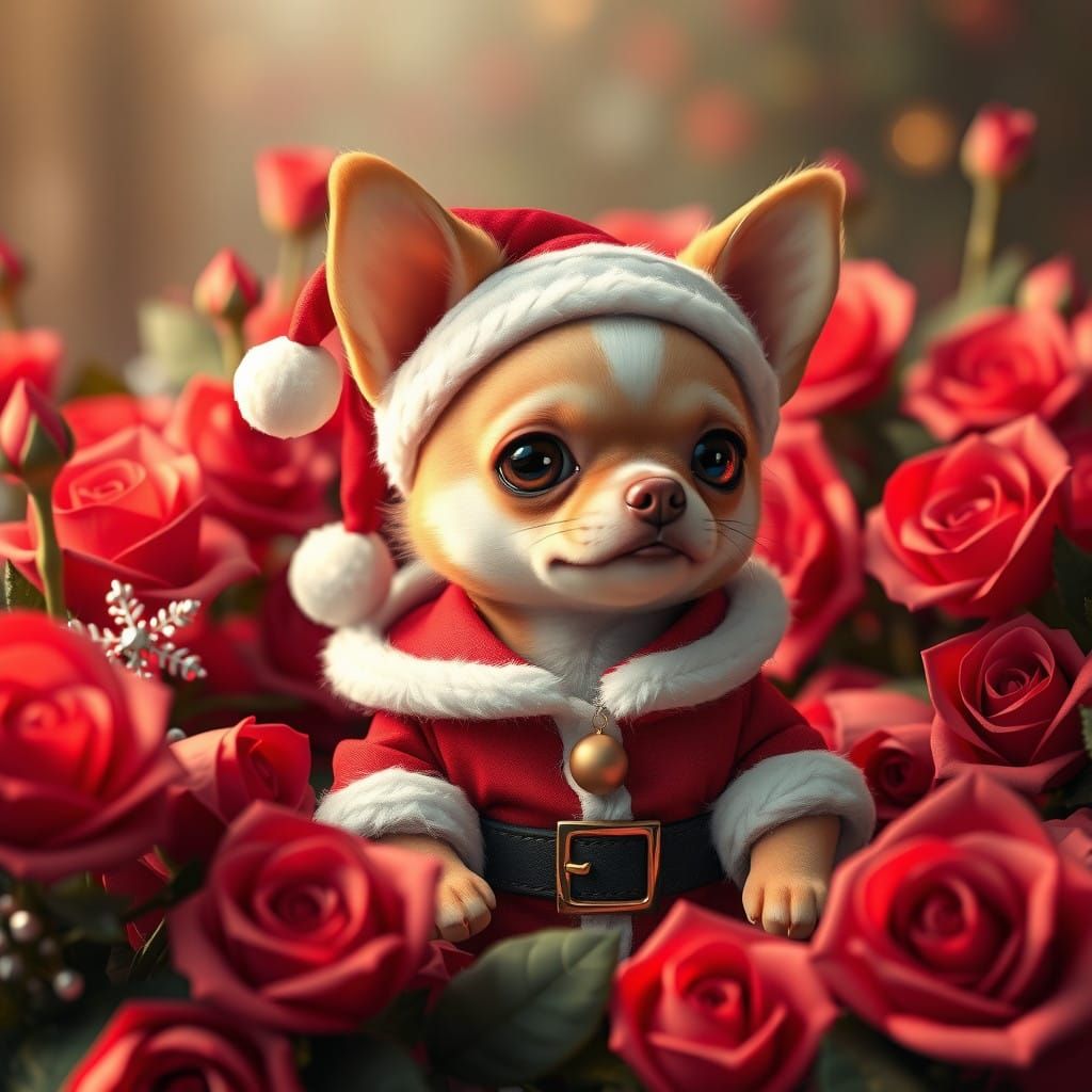 Chihuahua in Santa Suit Surrounded by Roses in Anime Style