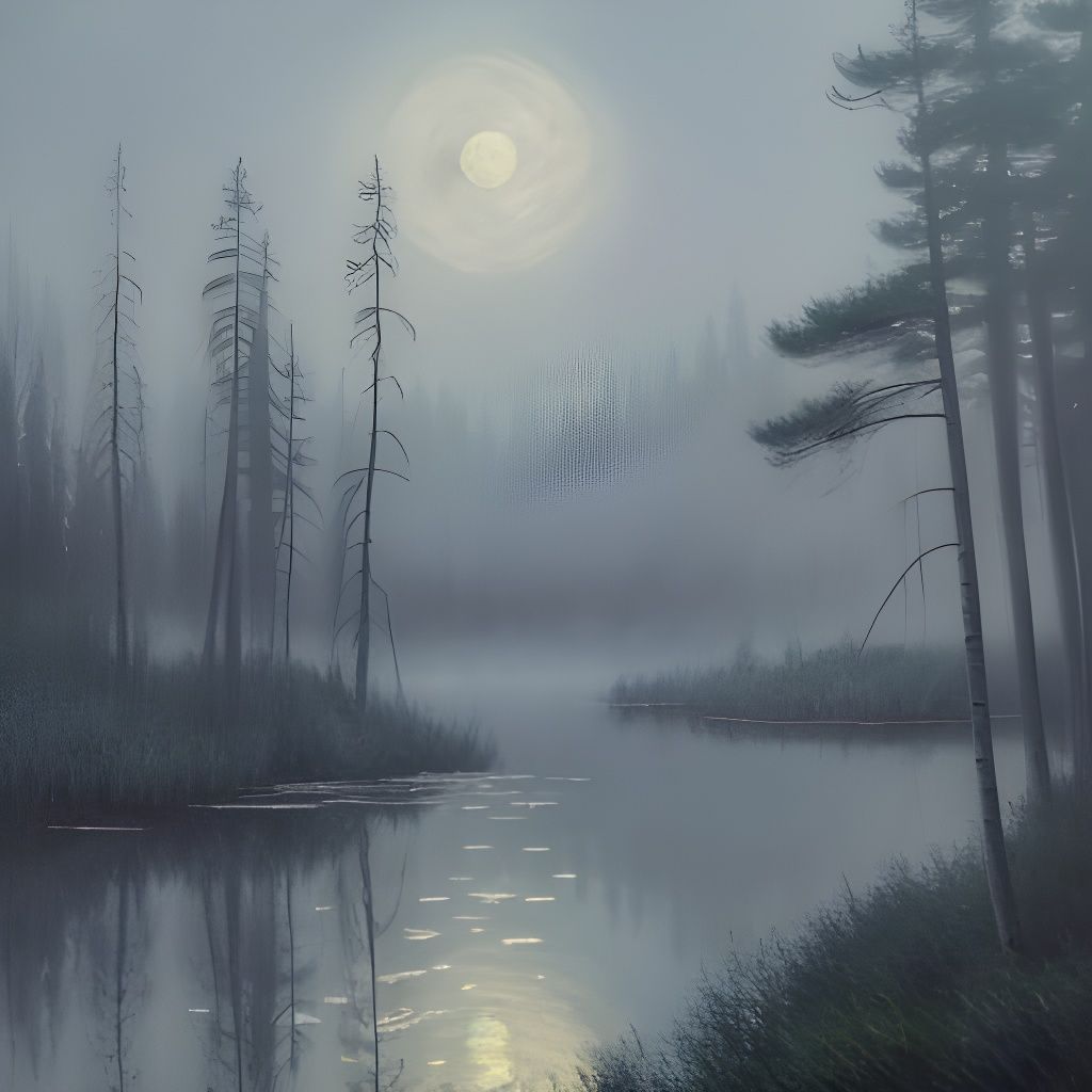 Misty Moonlit Lake in Impressionist Style