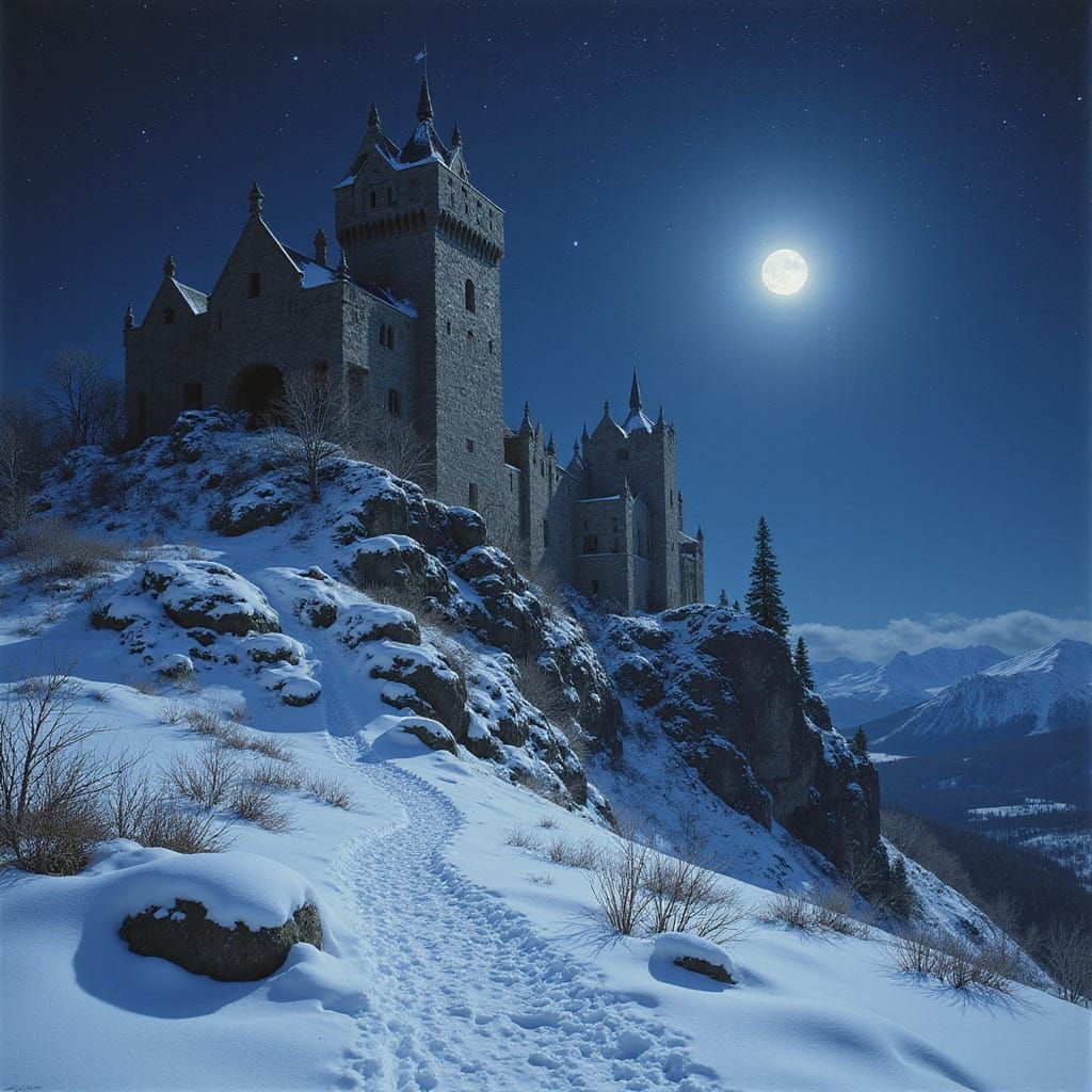 Ruined Castle Under Starry Sky, Landscape Painting