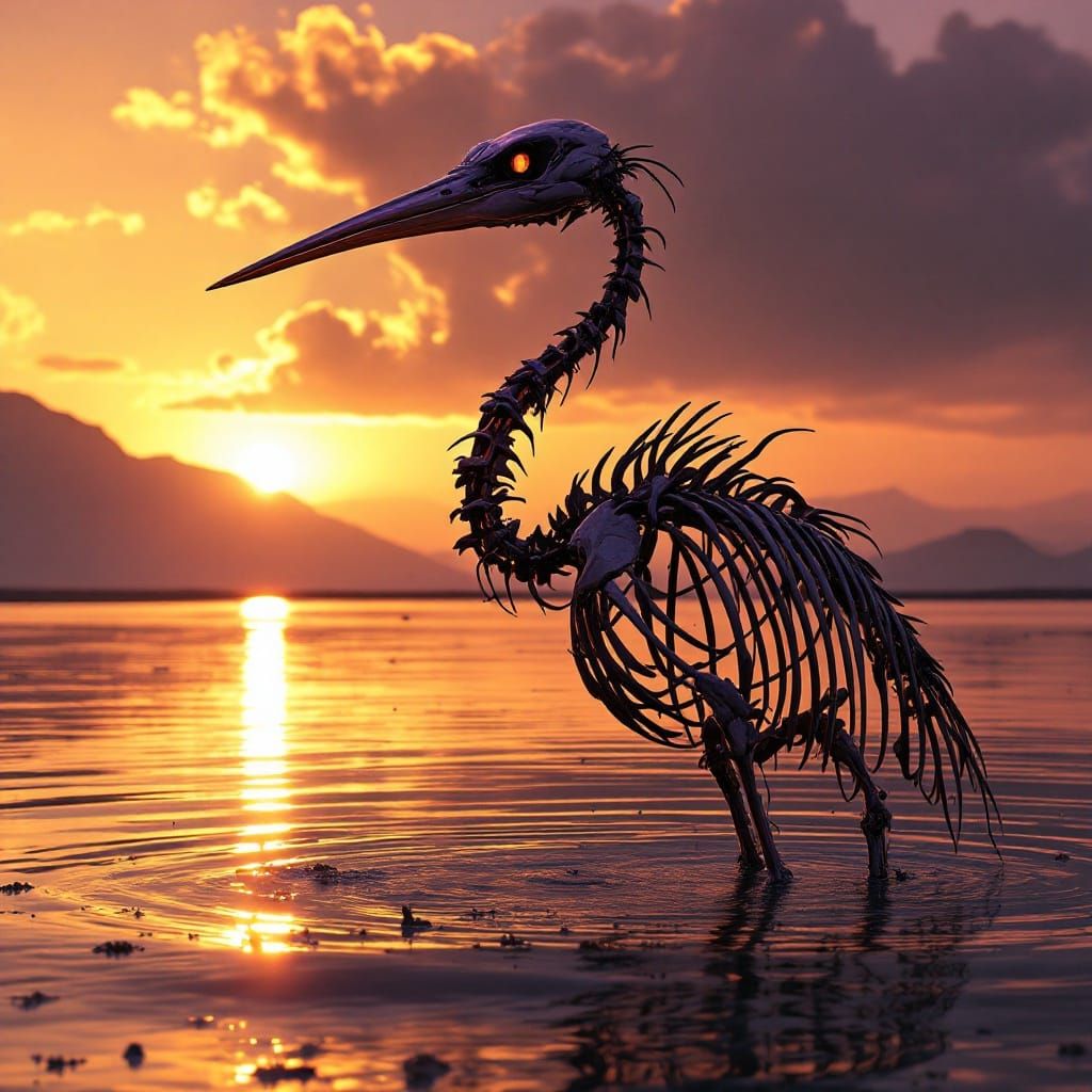 Ethereal Heron Skeleton in Sunrise Lake Natron