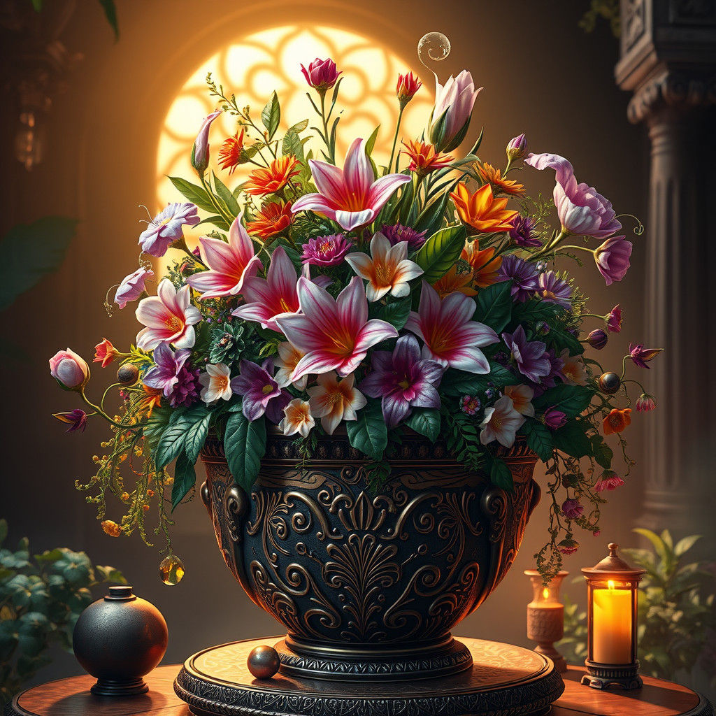 Ornate Flower Pot Overflowing with Exotic Blooms
