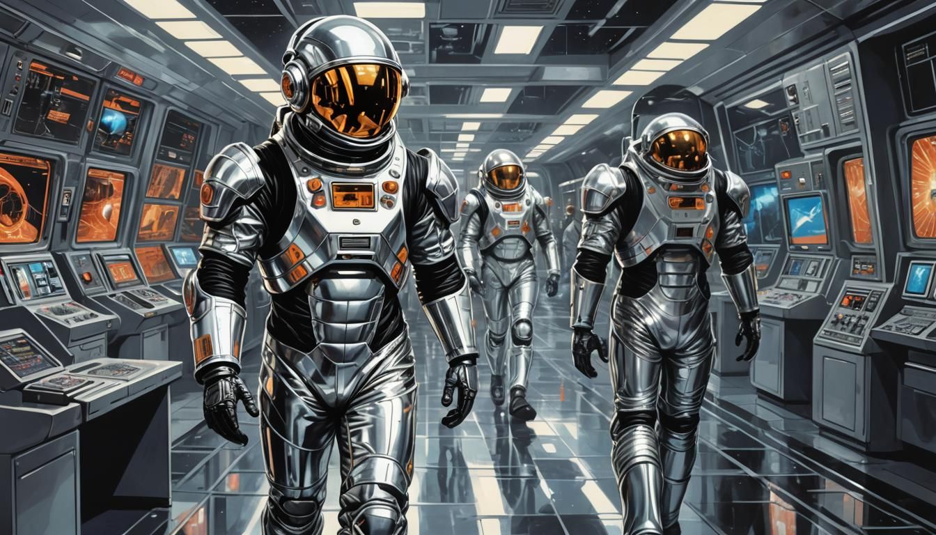 Retro-Futuristic Time Traveler in 1970s Newsroom