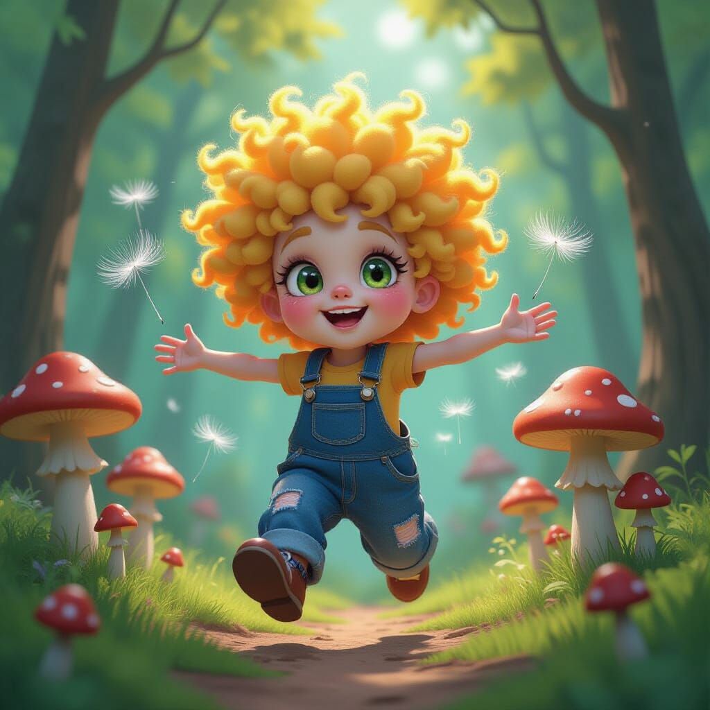 Doddledoodle's Whimsical Leap in a Mushroom Forest