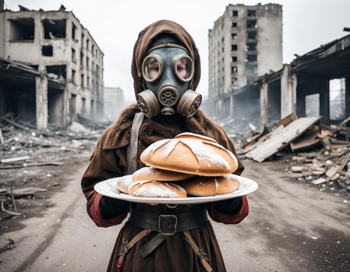 Apocalyptic Welcome: Girl in Gas Mask Offers Bread