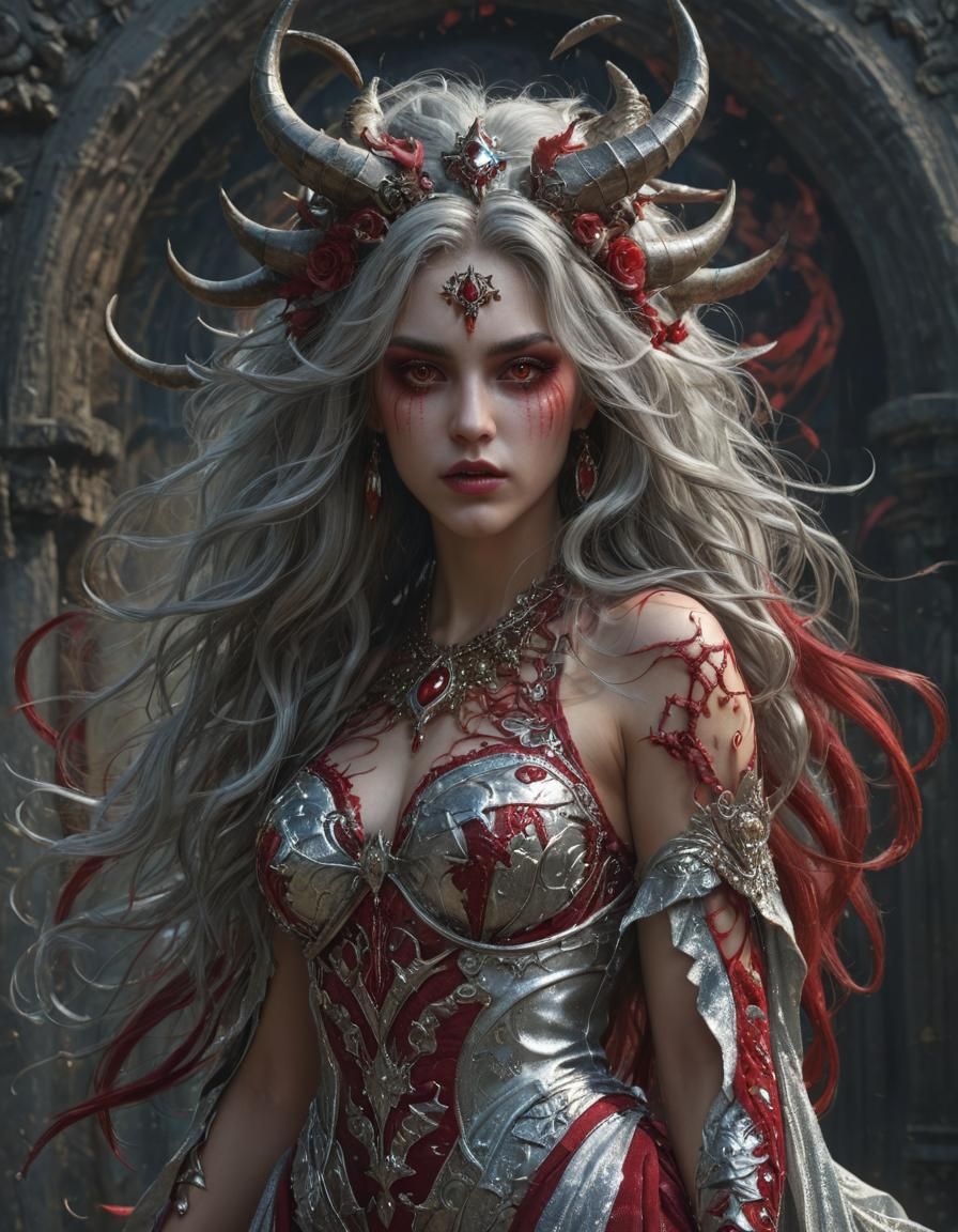 Elaborate Demon Goddess in Silver and Ruby Dress