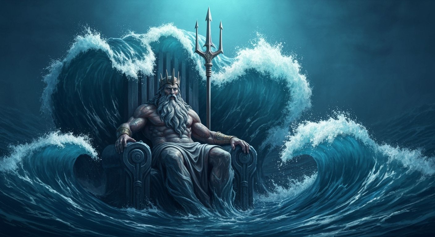 Poseidon on Water Throne, Hyperdetailed 8k Splash Art