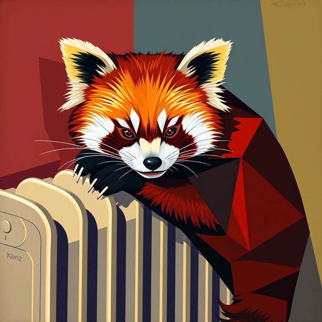 Machiavellian Red Panda Relaxing on Radiator in Cubist Style