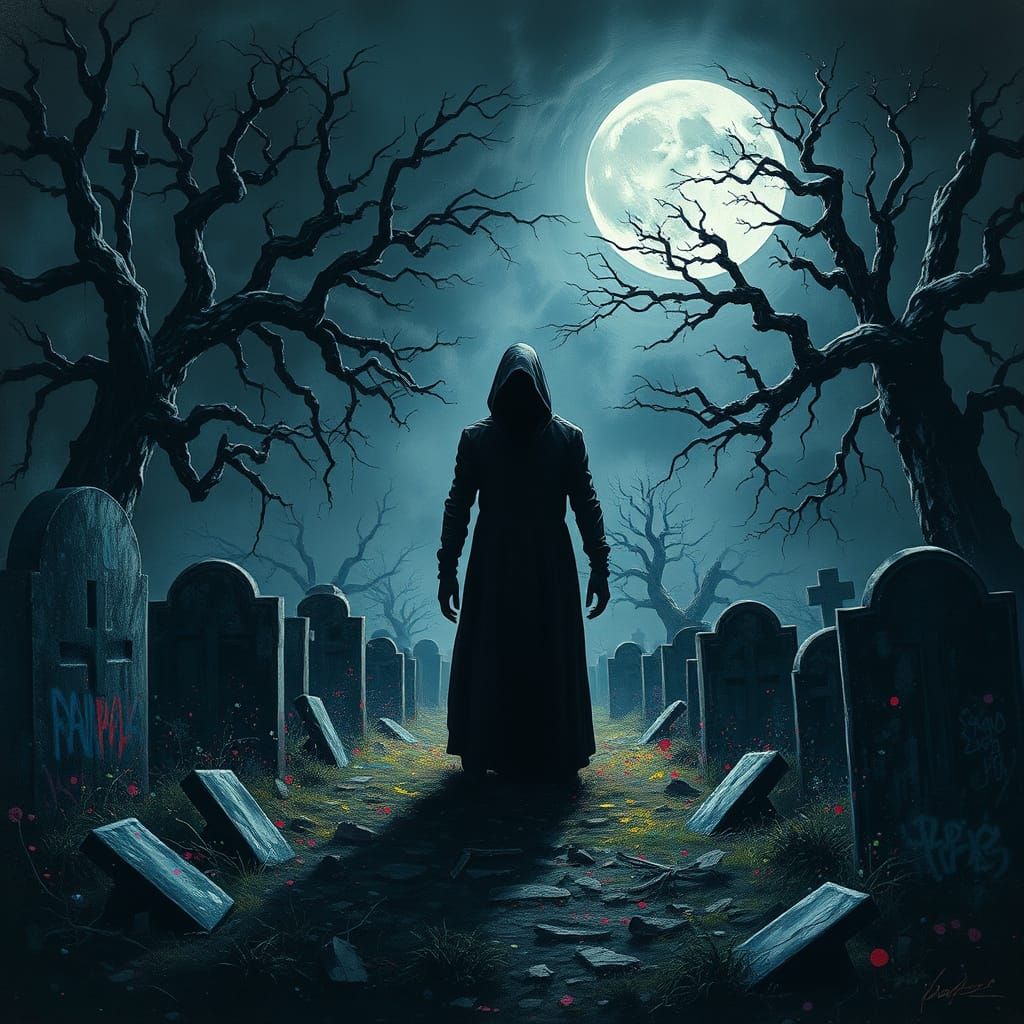 Gothic Figure Surrounded by Vibrant Graffiti in a Moonlit Gr...