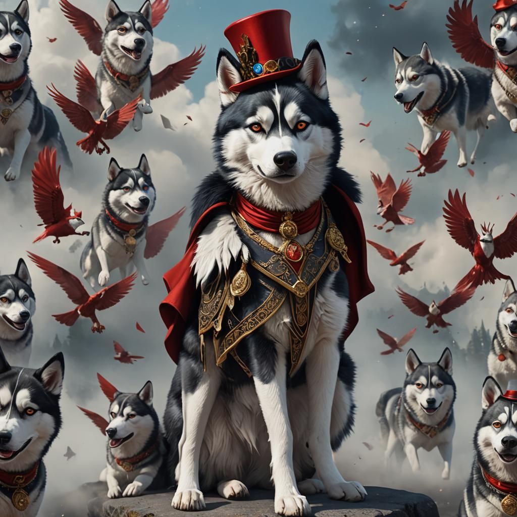 Ethereal Husky Siren with Red Wings and Top Hat