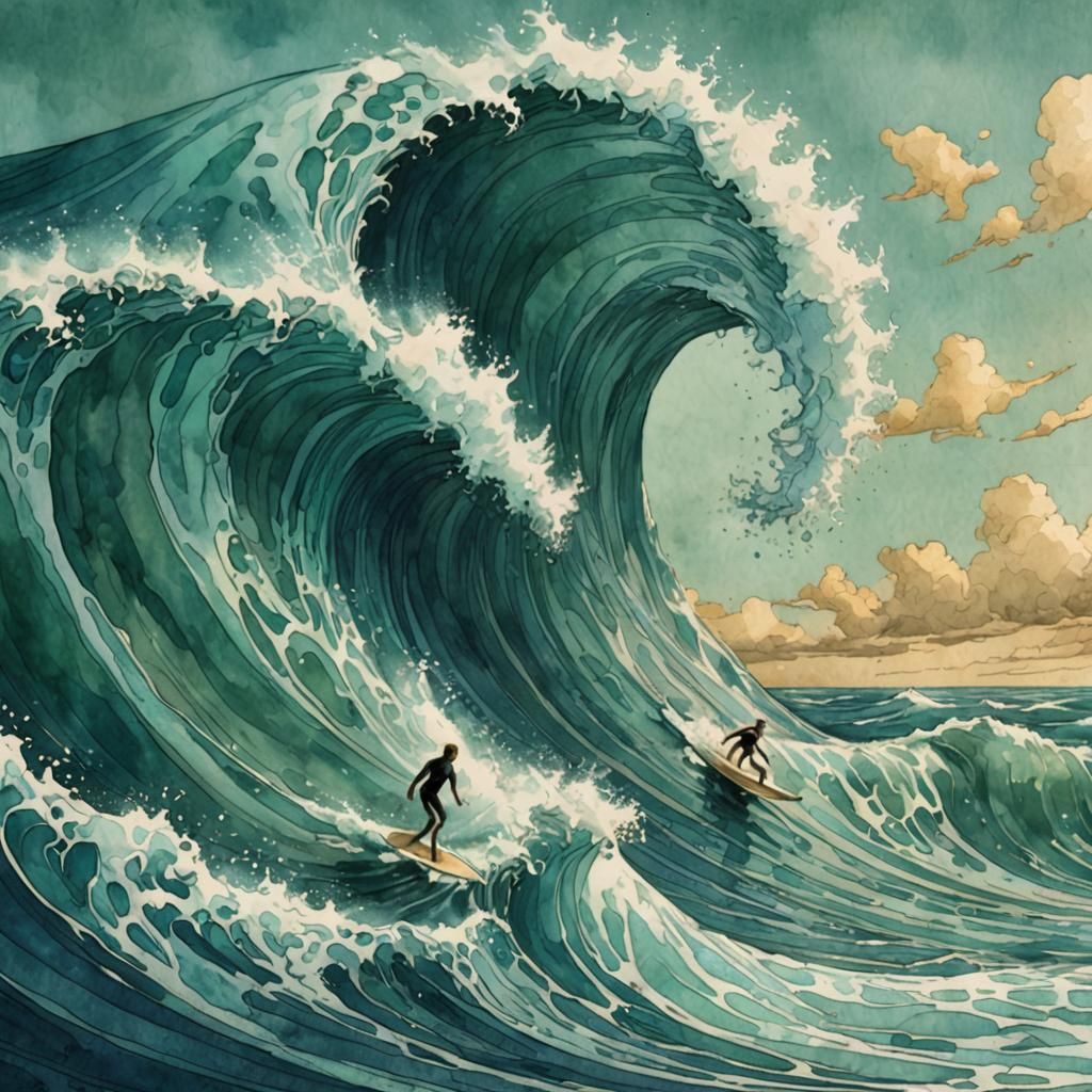 Surfers on Oceanic Wave, Watercolor Illustration