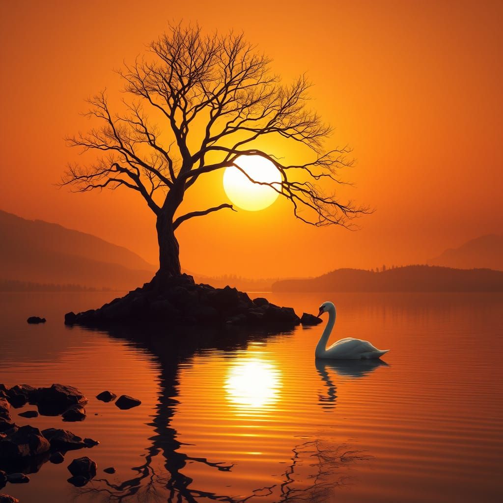 A serene lake landscape at sunset,
