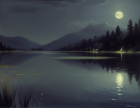 Majestic Full Moon Rising over a Serene Lake Landscape
