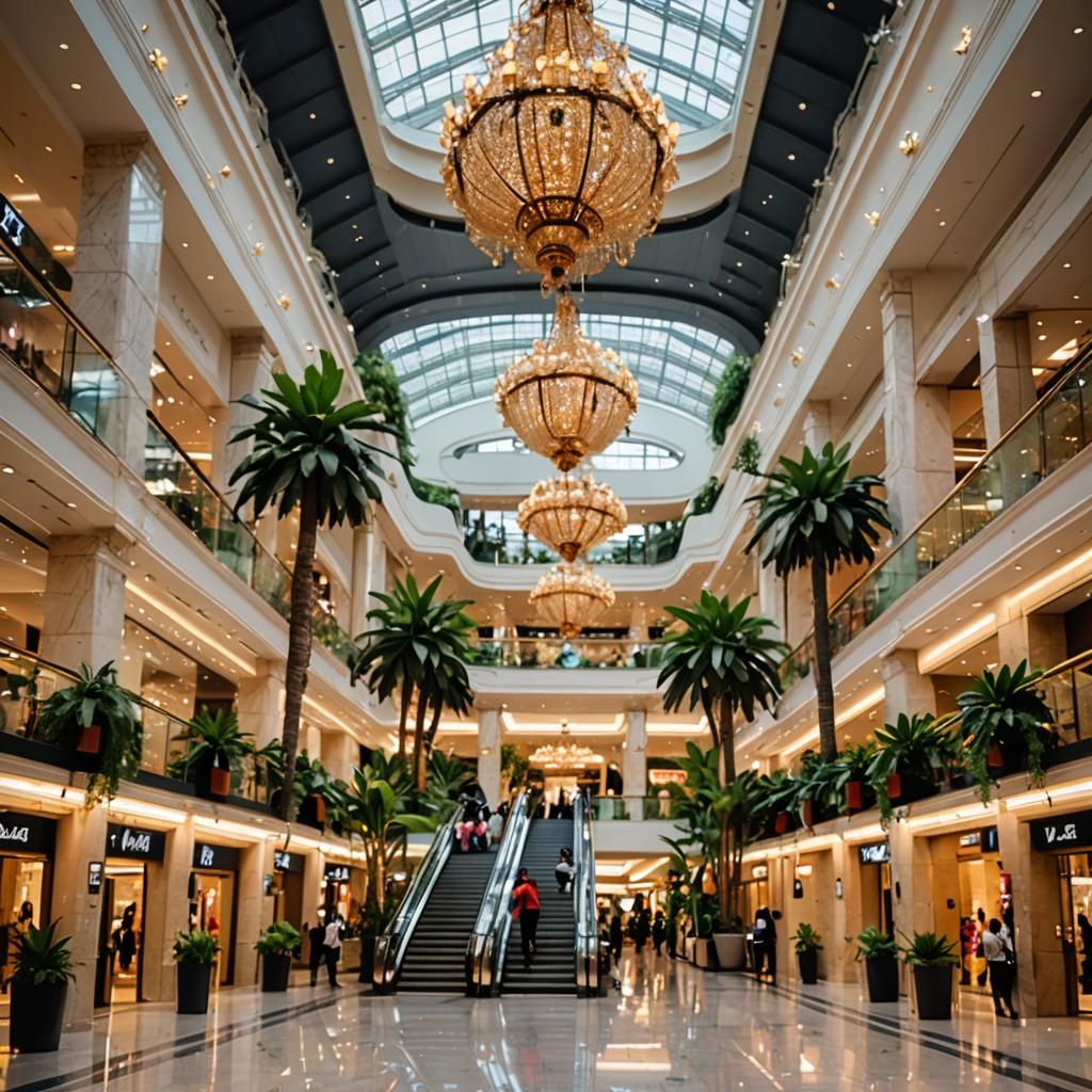 luxury shopping mall, with marble hallways, escalators, extravagant plants, chandeliers on the ceiling never seen before...