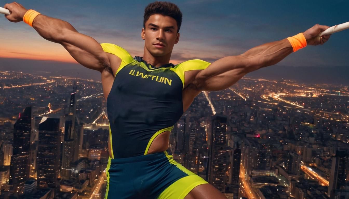 Muscular Pole Vaulter in Neon Uniform over City