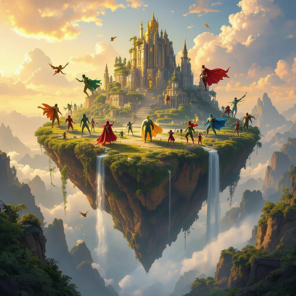 Superheroes Assemble on a Majestic Floating Island Vista