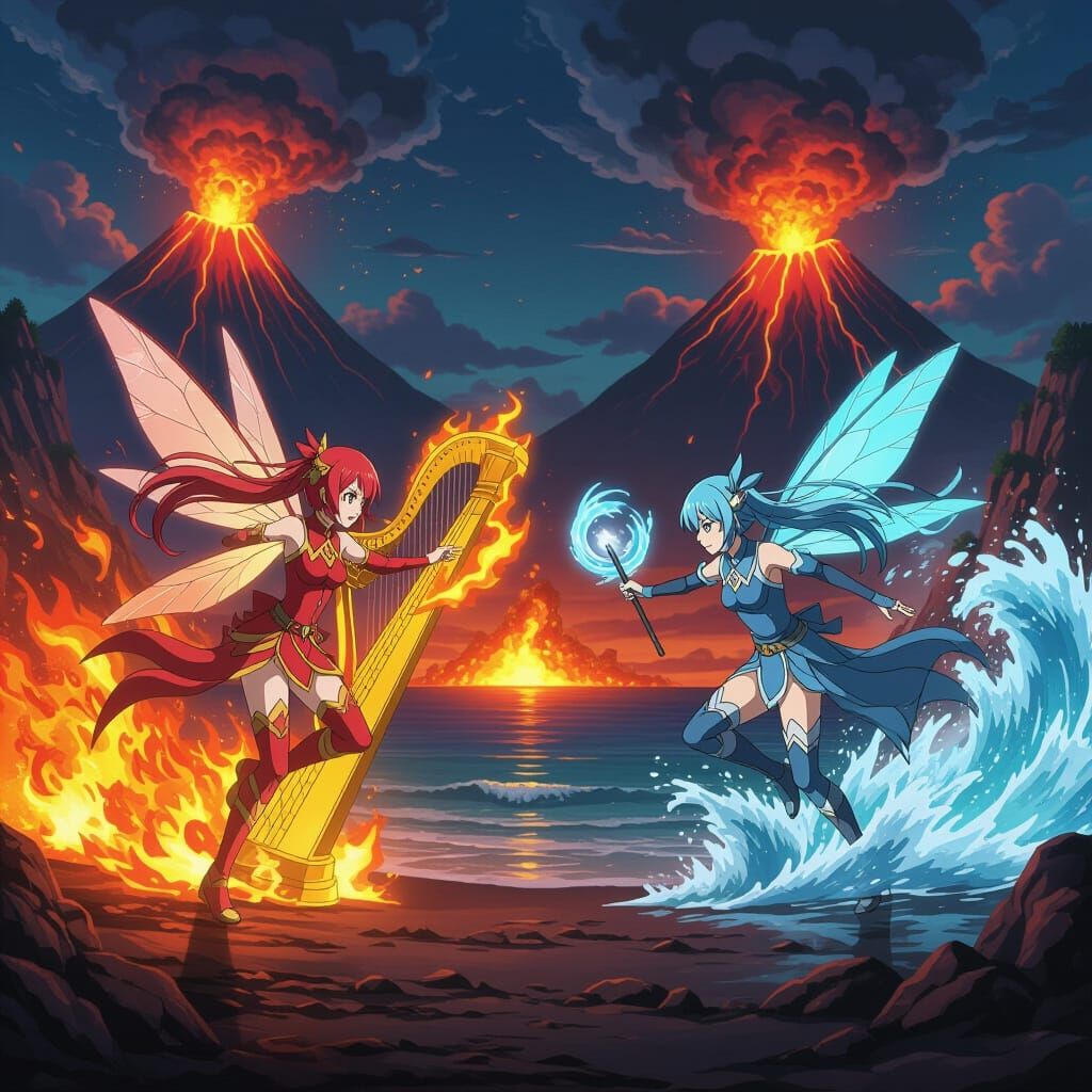 Anime Fairies Clash Over Golden Harp in Fiery Water Battle