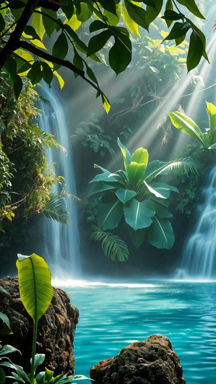 Scarlet Macaw at Majestic Tropical Waterfall