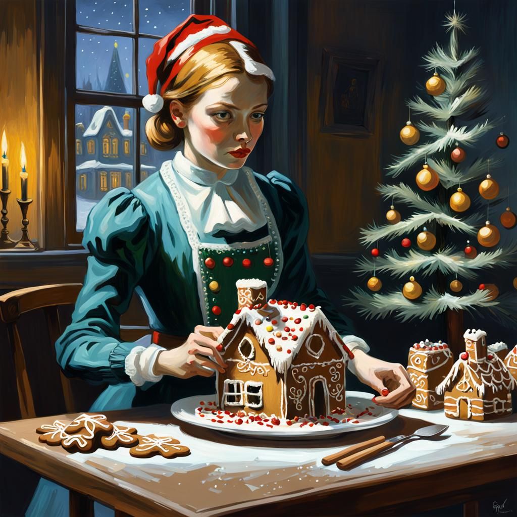 Biopunk Christmas Gingerbread House in Van Gogh Style