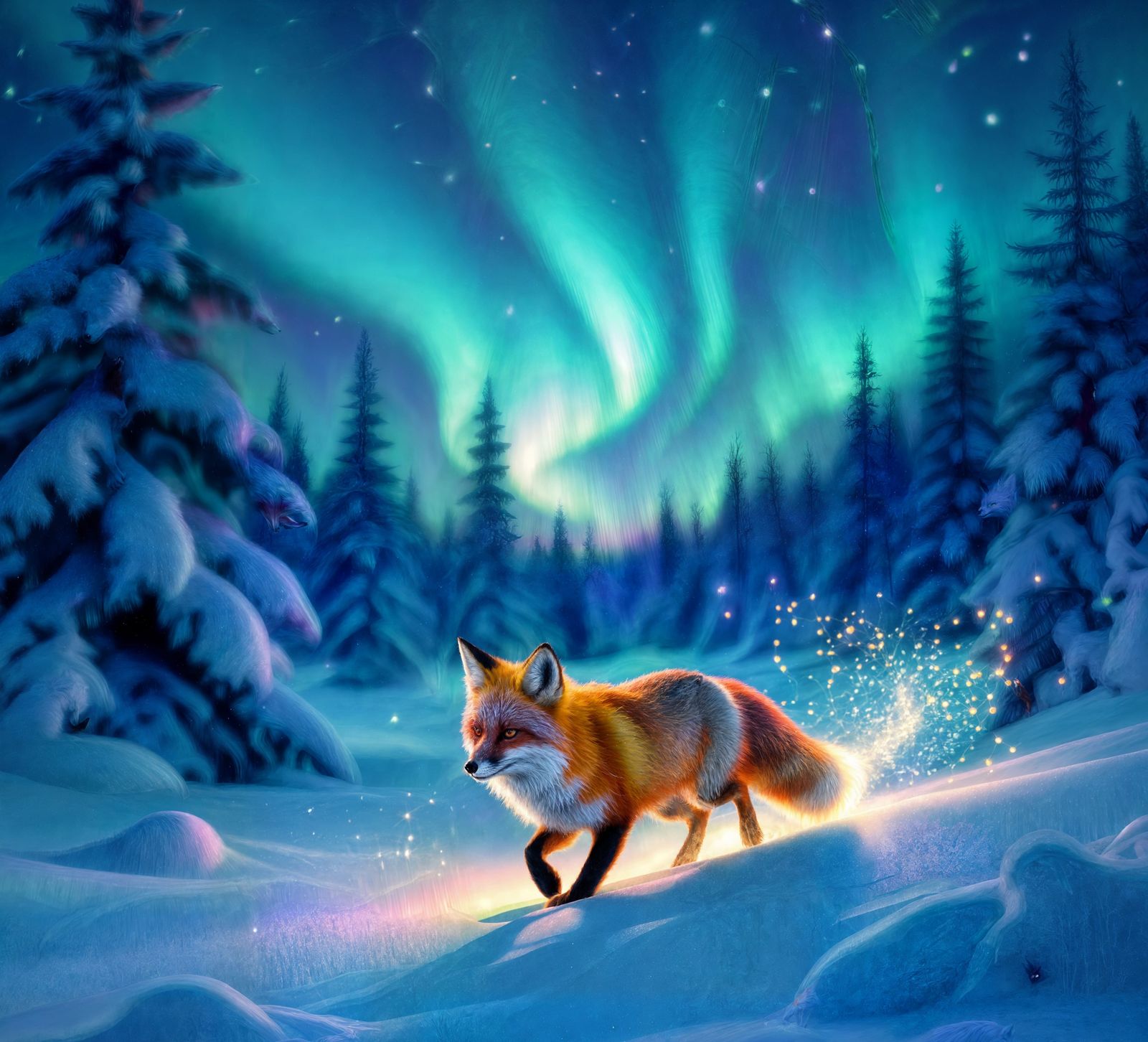 Crimson Fox in Enchanted Winter Aurora