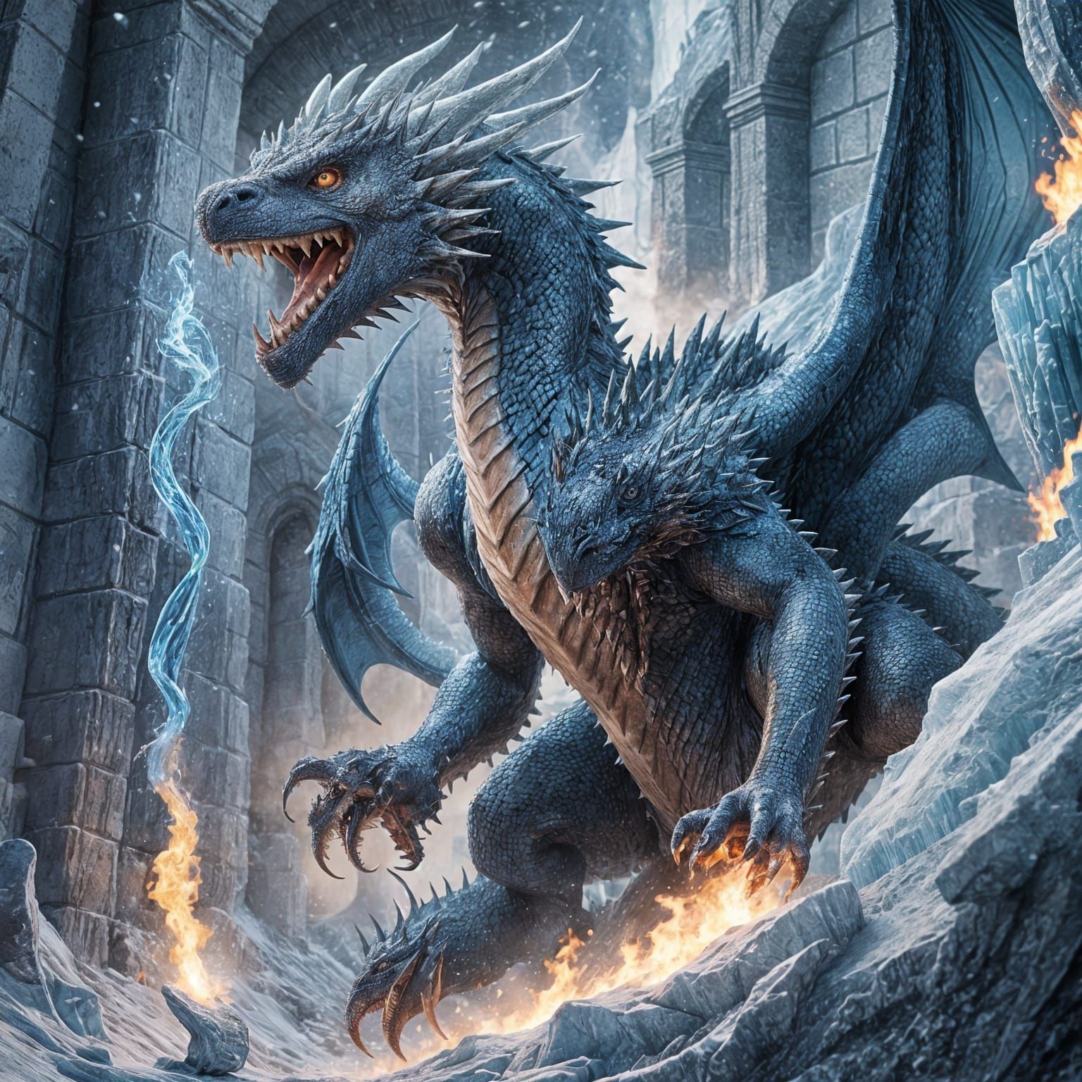 Icy Blue Dragon Breaching Frozen Wall in 4K