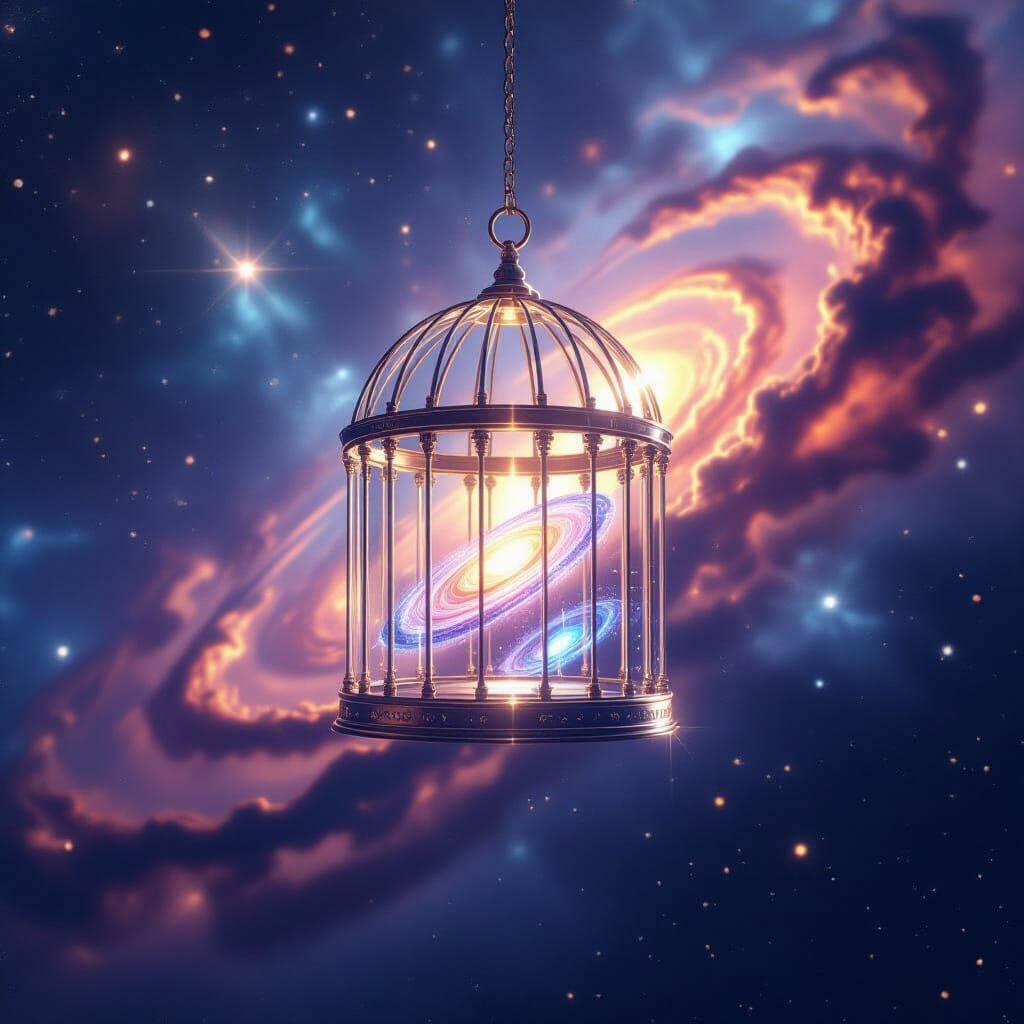 Crystalline Birdcage With Starlight in Cosmic Nebula