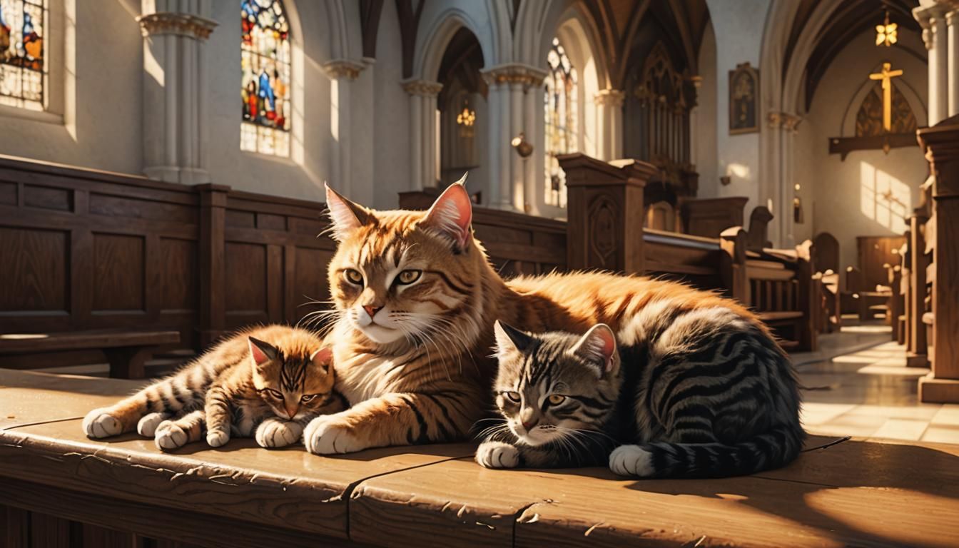 Mother Cat and Kittens in Church, Hyperrealism