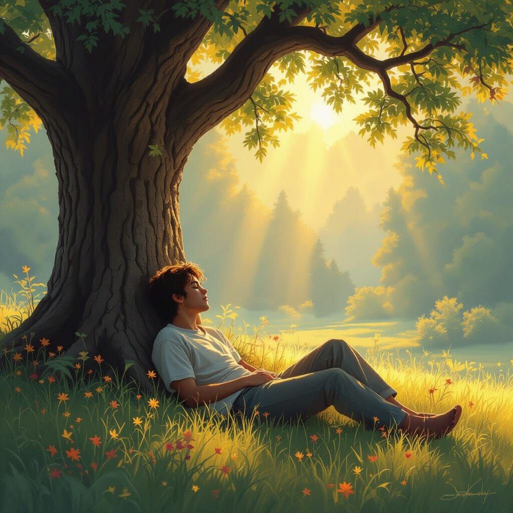 Restful Repose Under Golden Light: Dreamy Illustration