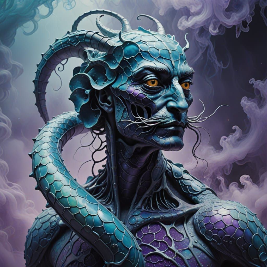 Surreal Viper Emerges from Iridescent Mist