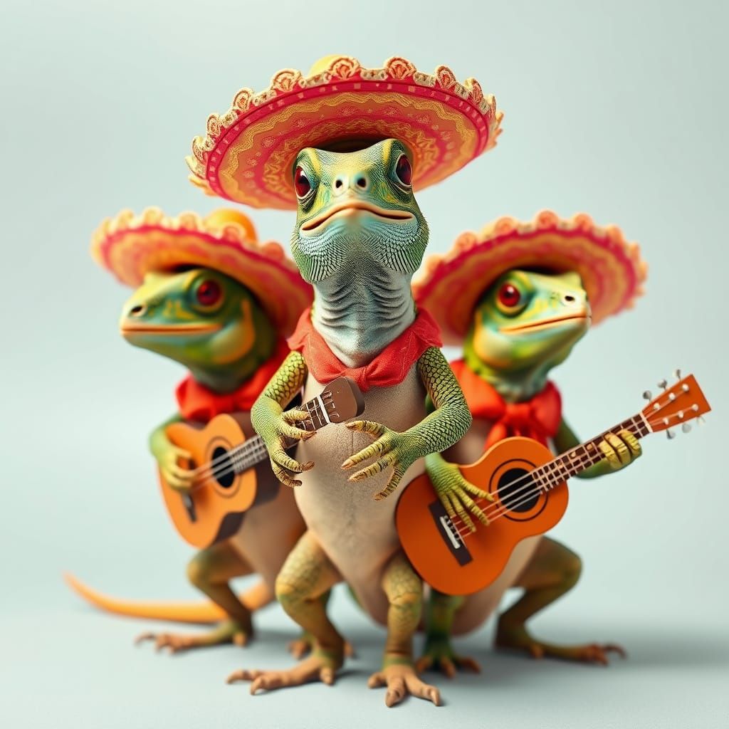 Iguana Mariachi Band Wearing Sombreros