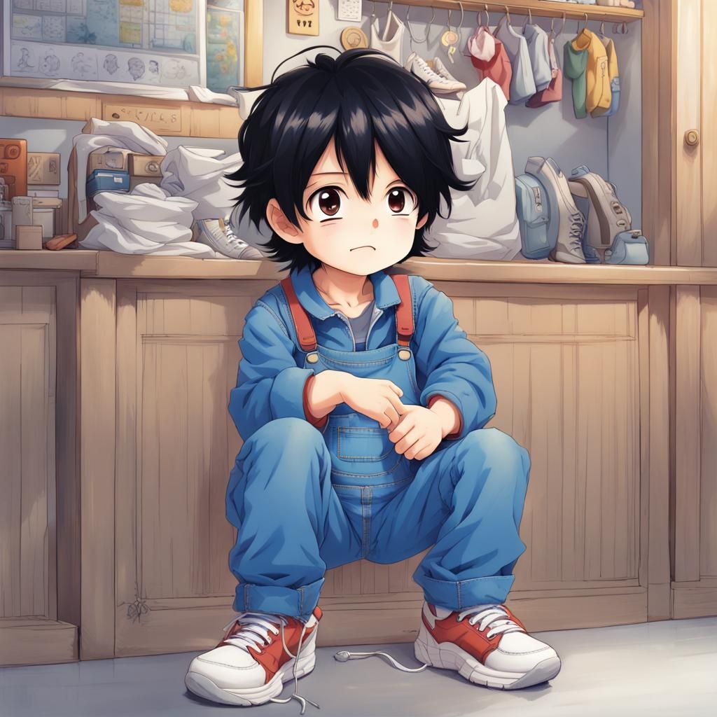 Anime Style Portrait of a Boy in Overalls