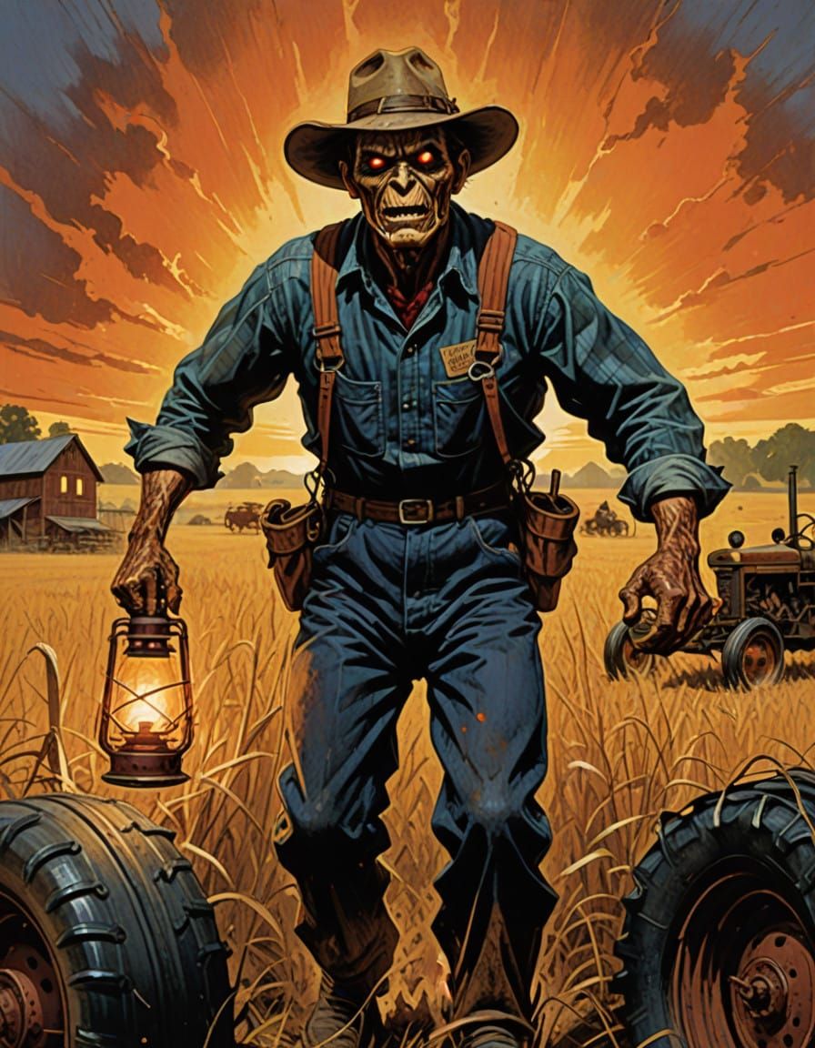 Rugged Farmer Faces Menacing Scarecrow in Sun-Scorched Rural...