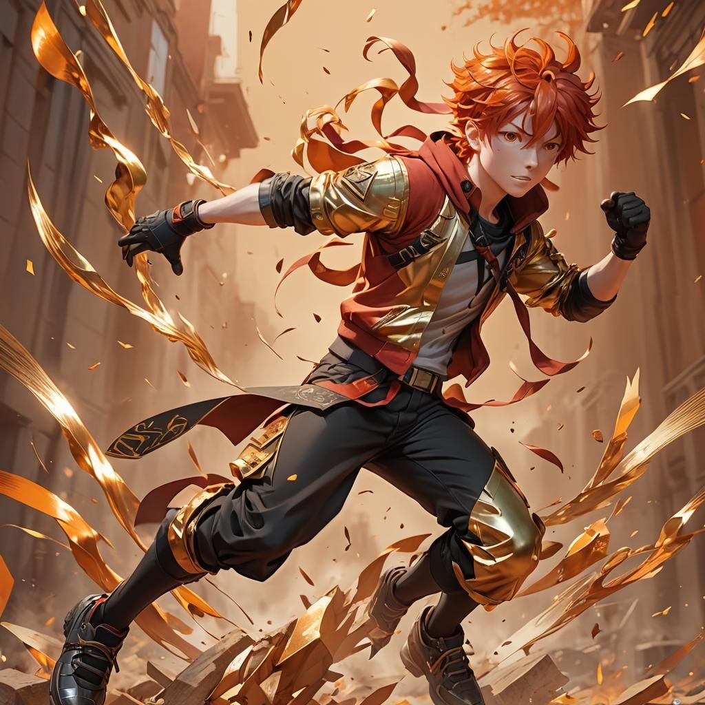 Dynamic Redhead in Orange and Gold Anime Art