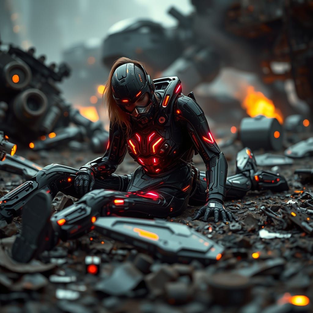 Cyberpunk Warrior Defeated on Dystopian Battlefield