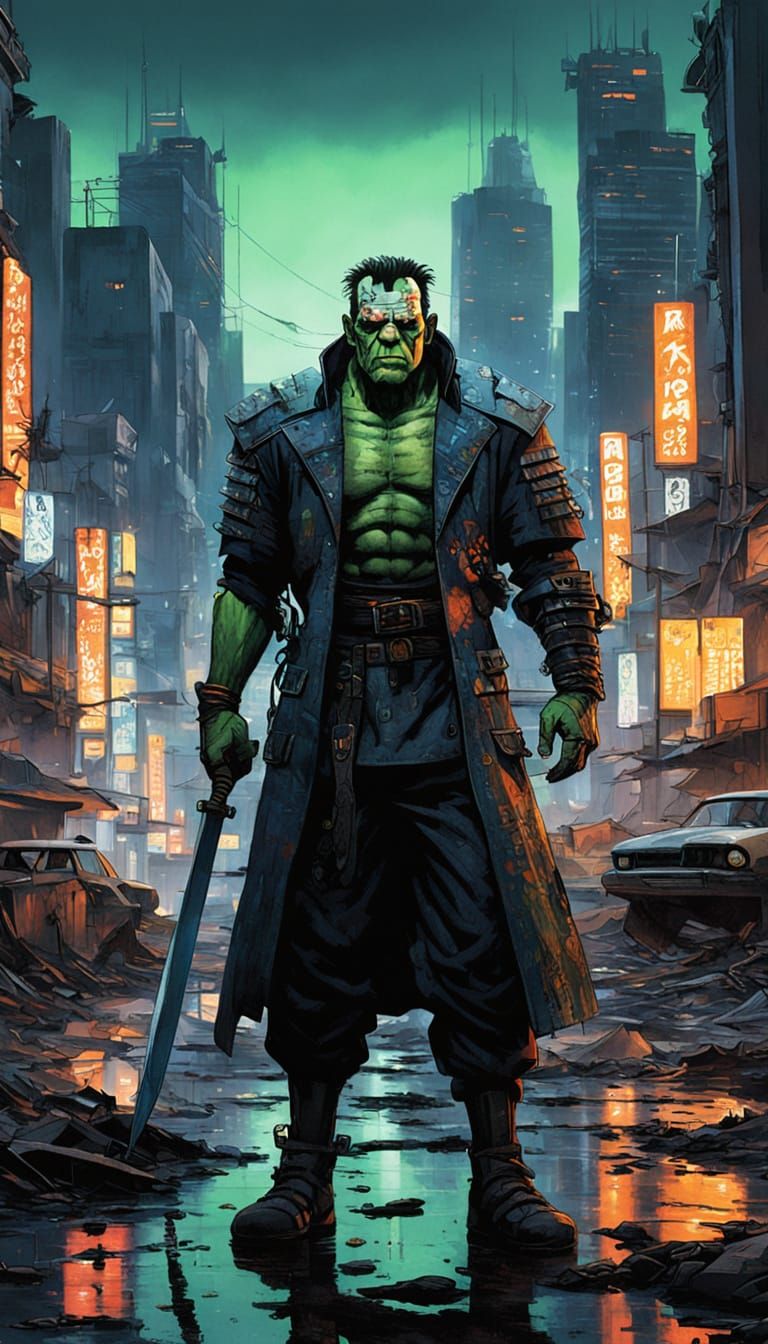 Cyborg Samurai in Neon Wasteland, Retro-Futuristic Art