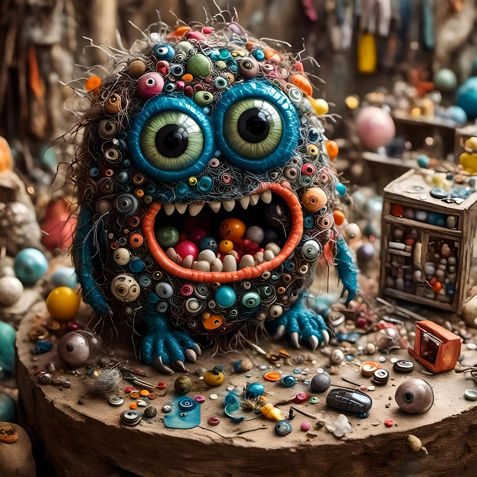 Adorable Pet Rock Monster Surrounded by Craft Supplies