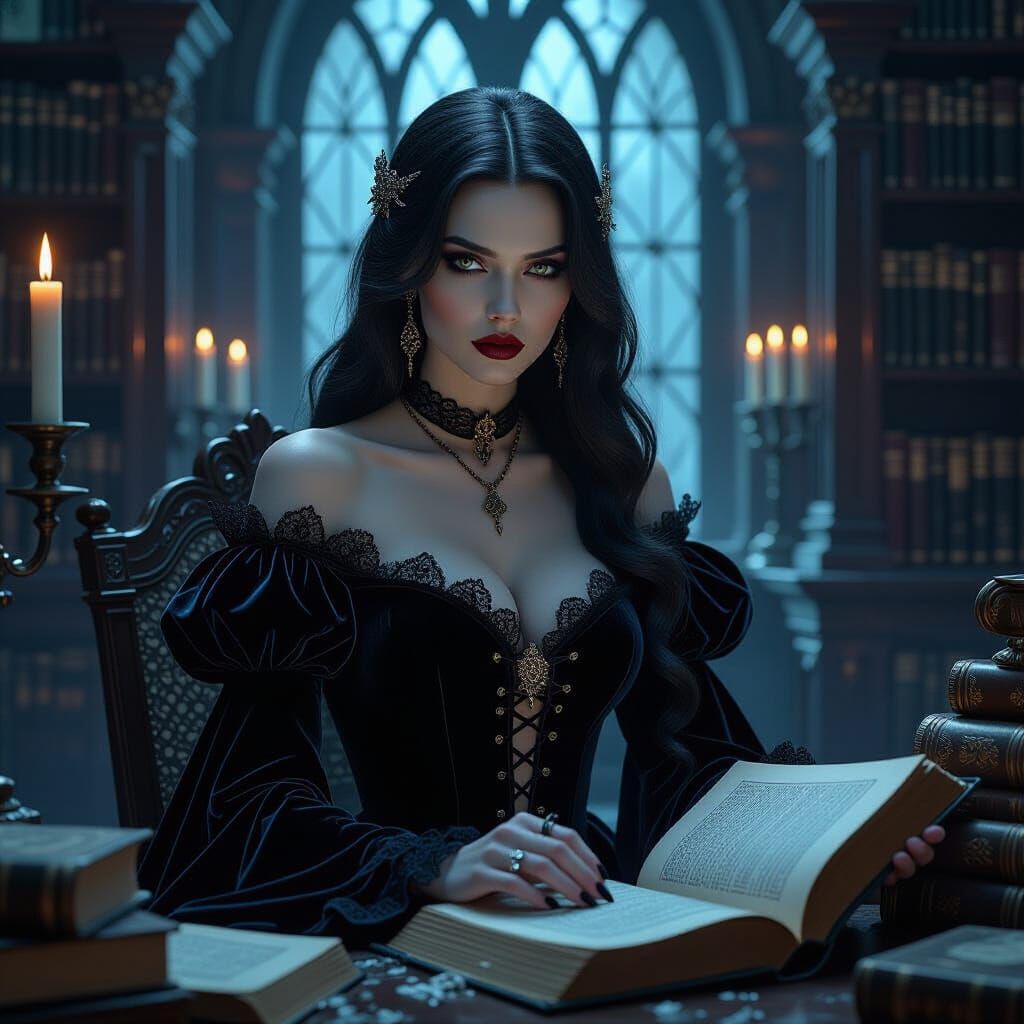 Gothic Vampire in Ruined Library, Cinematic Lighting
