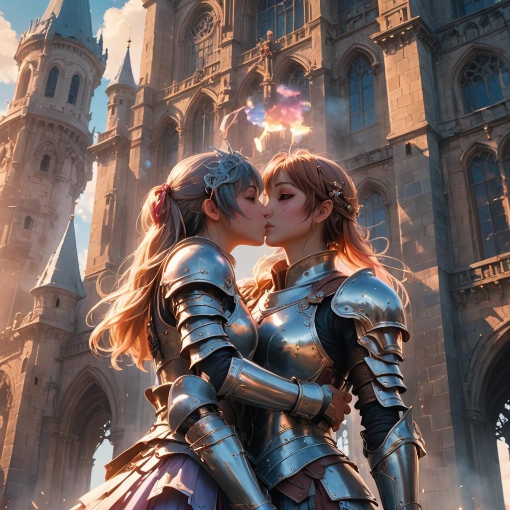 Armored Women Embrace on Tower in Anime Style