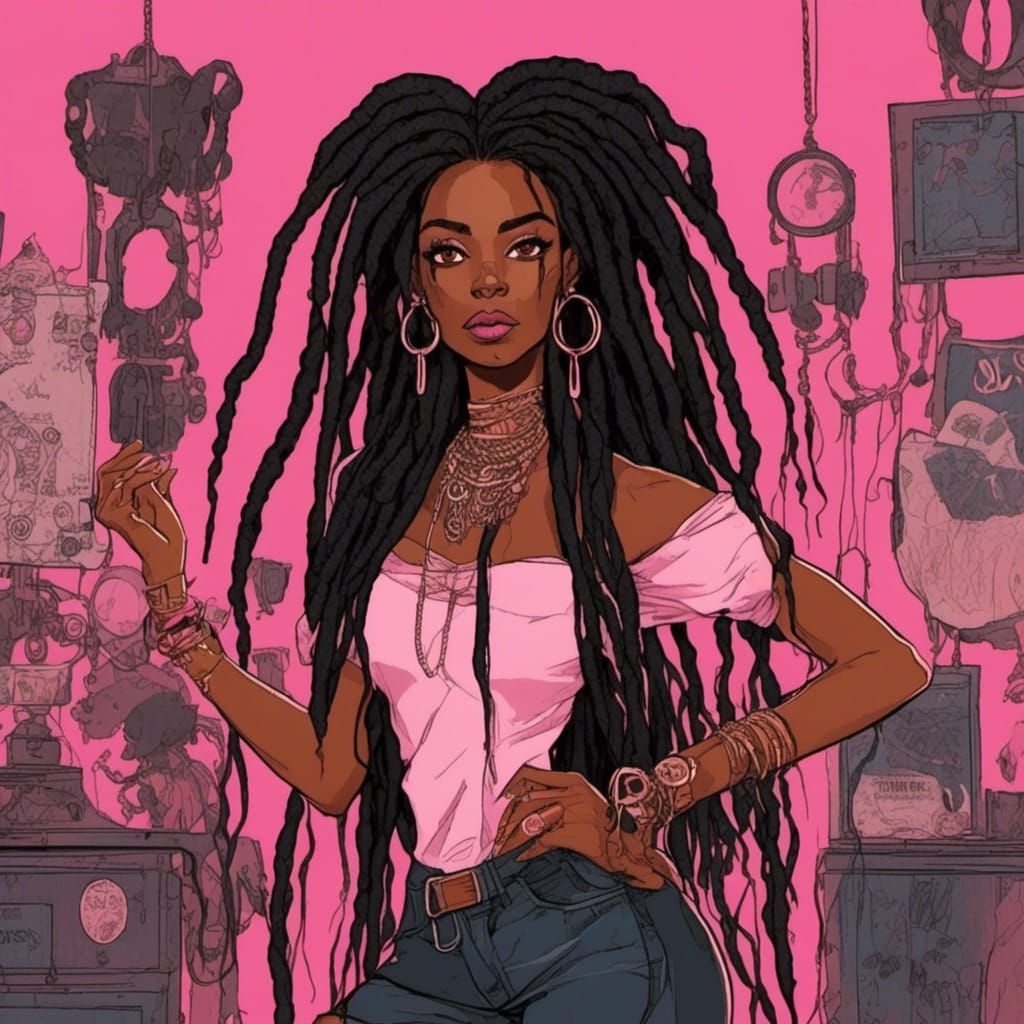 Black Woman with Dreadlocks in Dark Fantasy Cartoon Style