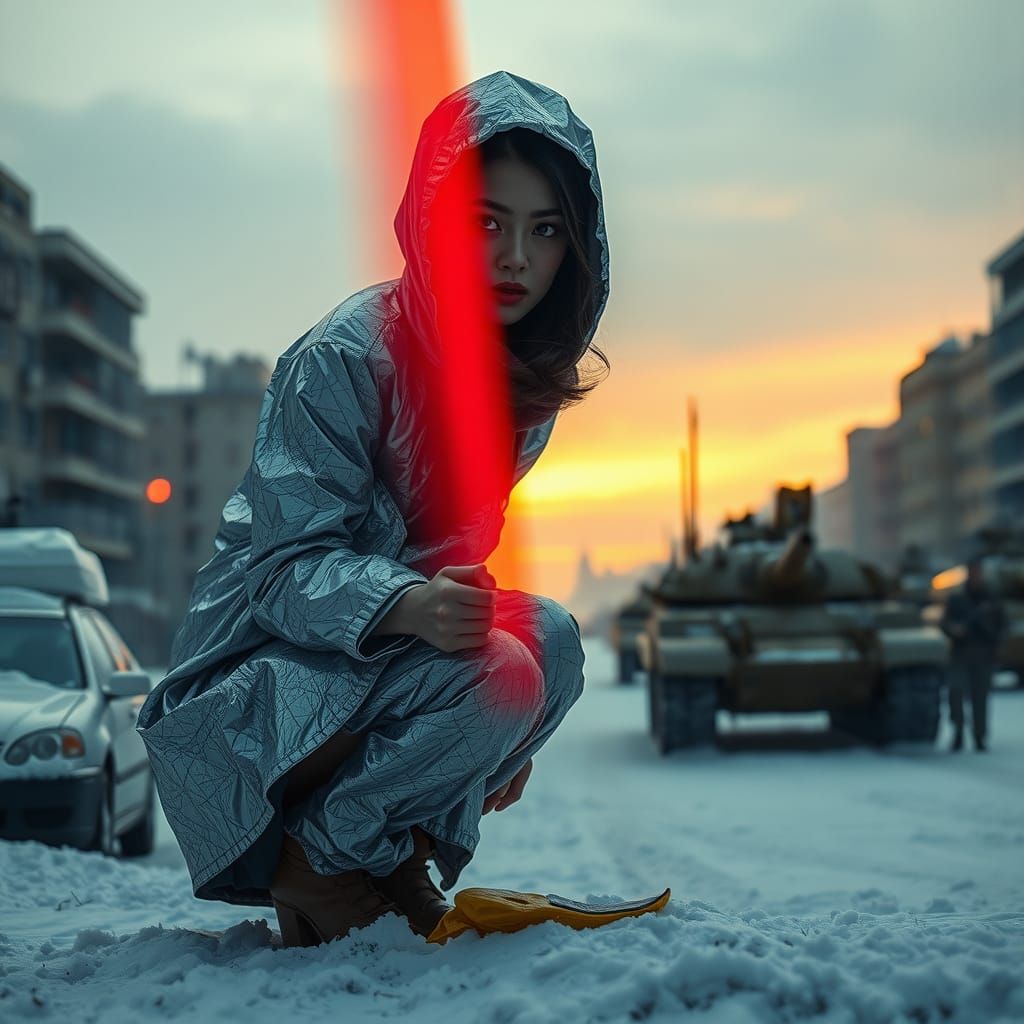Dystopian Siberian Cityscape: Intense Gaze in Winter Snow