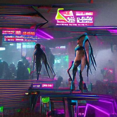 Alien Strippers in Neon Cyberpunk Bar