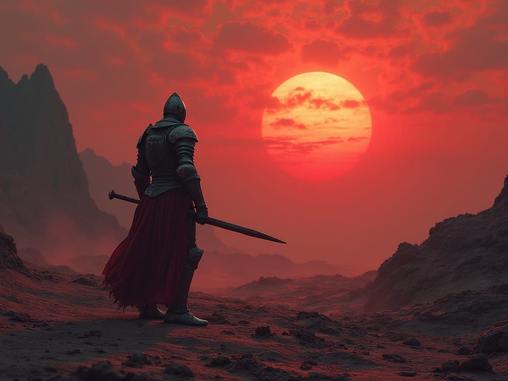 Knight in Crimson Sunset on Alien World