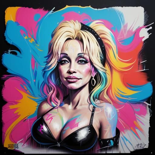 Dolly Parton Graffiti Art in Polychromatic Splash Style