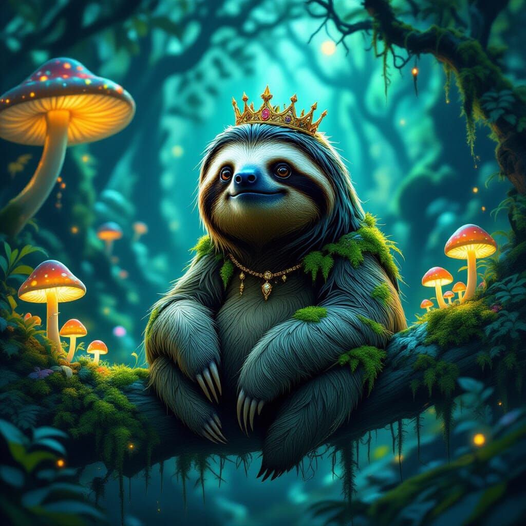 Ancient Sloth King in Bioluminescent Forest
