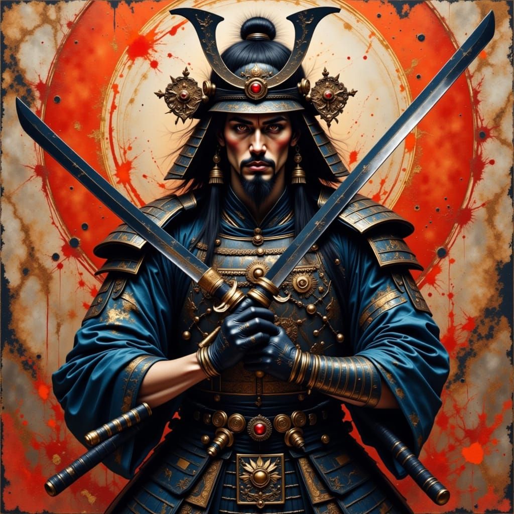 Japanese Oni vs Samurai in Mystic Marble Style