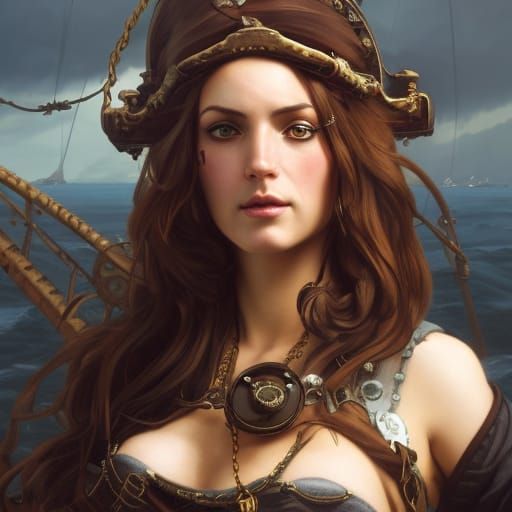 Steampunk Pirate Woman Portrait in Art Nouveau Style