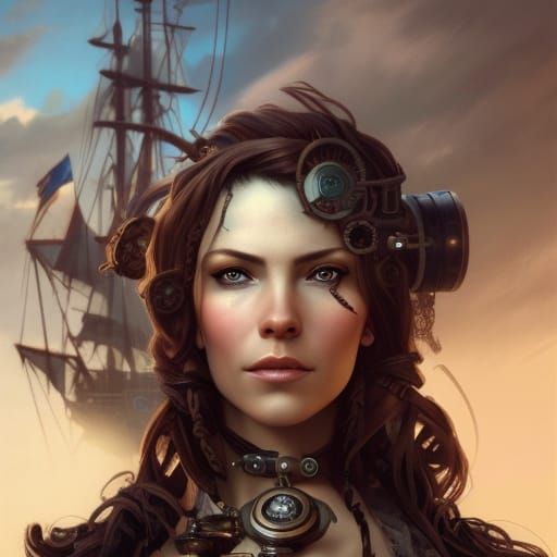 Steampunk Pirate Woman Portrait in Hyperdetailed Style